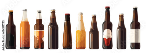 Photo Set of alcohol bottles, cartoon style, whiskey, tequila, vermouth and other alco