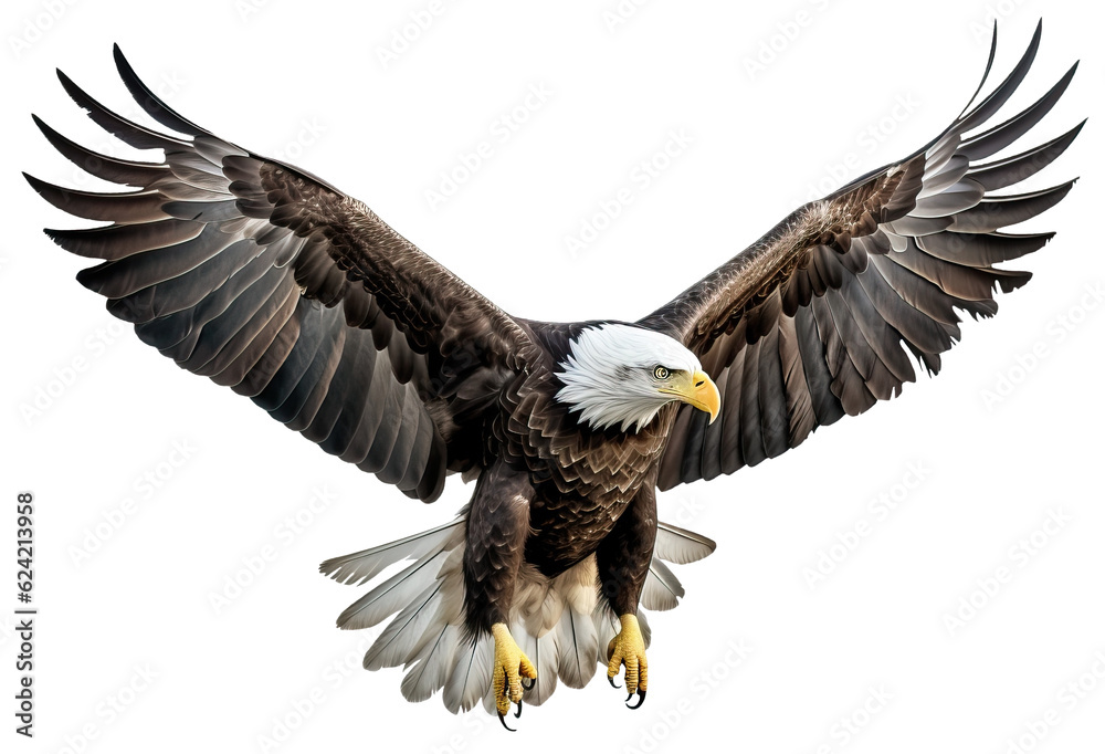 American Bald Eagle in Flight on white background. AI generated Illustration.