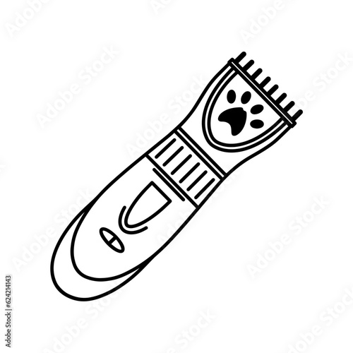 Animal shaver vector icon. Electric clipper for shaving pets. Grooming tool, cats and dogs care. Trimmer with paw symbol. Simple doodle, sketch. Isolated clipart for print, vet clinic, shop, web, app
