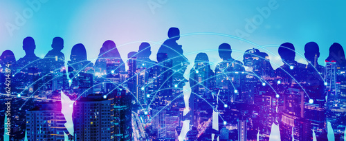 The double exposure image of the people overlay with cityscape image and futuristic hologram. modern life, business, city life and internet of things.