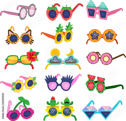 Party glasses. Stylish fashioned framed funny glasses recent vector face decoration sunglasses