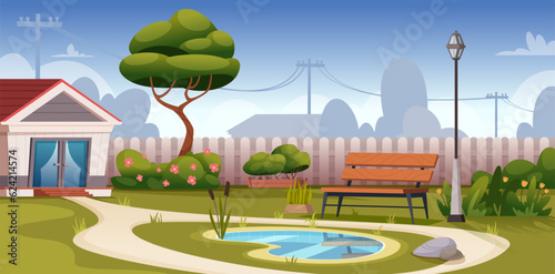 Terrace. Background home outdoor landscape with relax barbeque place in garden exact vector template