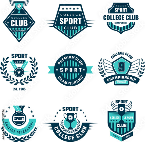 Sport labels. College sport team emblem or logo recent vector template with place for text