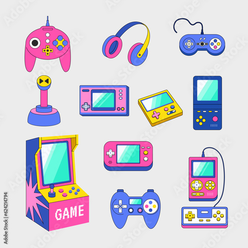 Video game gadgets. Gamepad consoles for nerd vintage assets in retro style recent vector pictures set isolated