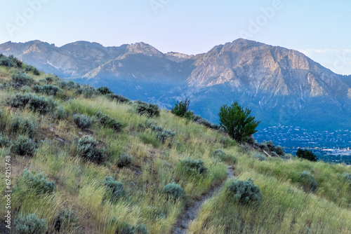 Early summer morning at slopes of Wasatch Montainsl in Salt Lake City photo