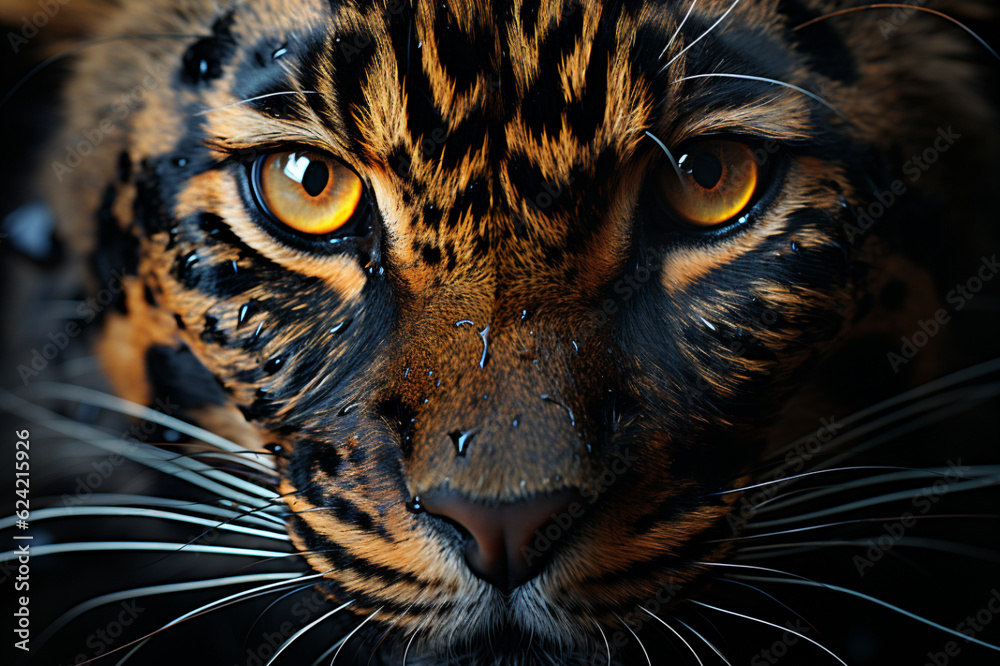 Closeup portrait of wild tiger face, minimalist, black on black, asymmetric composition, conceptual fantasy. AI Generative