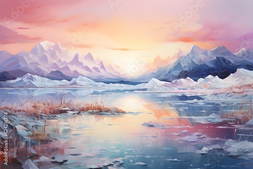 Mountain landscape with frozen lake at sunset