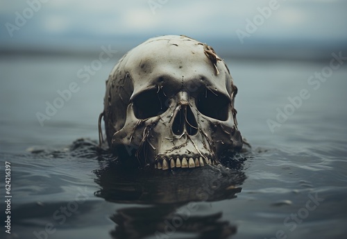 Human skull in the water