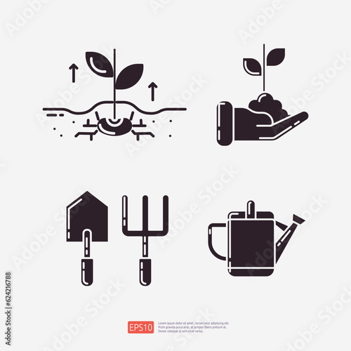 Plant grow seedling, hand with growing plant, mini shovel and rake, watering can. Agriculture and farming glyph icon set. Vector Illustration