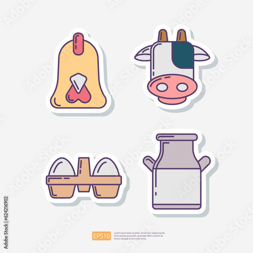 Chicken head, cow head, eggs in box package, milk tank can. Agriculture and farming sticker icon set. Vector Illustration
