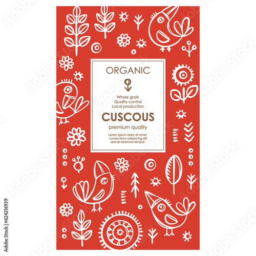 COUSCOUS PACKAGING Groats Abstract Nature Modern Vector Template With Birds And Plants On Red Color Background Organic Design With Hand Drawn Illustration