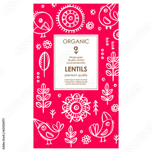 LENTILS PACKAGING Groats Abstract Nature Modern Vector Template With Birds And Plants On Red Color Background Organic Design With Hand Drawn Illustration