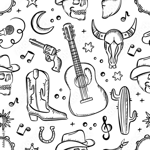 COWBOY FEST MONOCHROME Various Attributes Of American Cowboy Western Music Festival Colorful Seamless Pattern Vector Illustration Collection For Printable