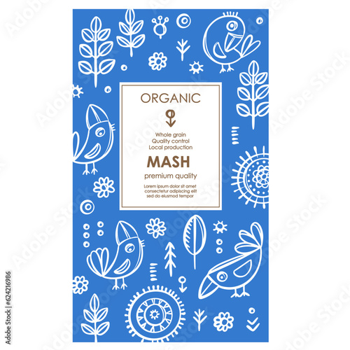 MASH PACKAGING Groats Abstract Nature Modern Vector Template With White Birds And Plants On Blue Color Background Organic Design With Hand Drawn Illustration