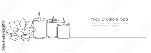 One continuous line drawing of wellness and spa treatment. Candle and lotus flower for zen and balance concept in simple linear style. Editable stroke. Doodle outline vector illustration