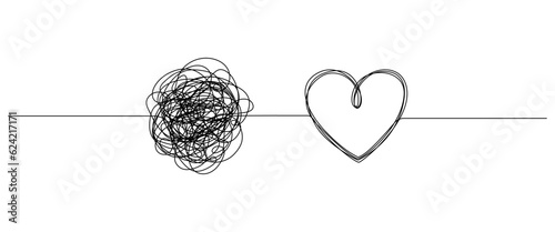 Chaotically tangled line and tangled heart. Psychotherapy for couple concept of solving problems is easy. Unravels chaos and mess difficult situation. Editable stroke. Doodle vector illustration