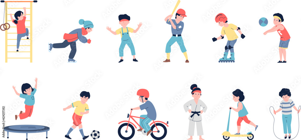 Kids activities, sporting and gaming children. Happy little athletics characters, flat cartoon jumping and running boys and girls, recent vector set