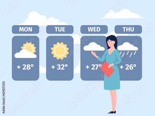 Weather forecast concept, future days climate change. Raining precipitation and sunny days. Broadcast woman announcer on show recent vector scene