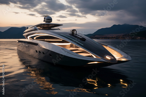 Luxury and futuristic yacht on the sea at sunset illustration
