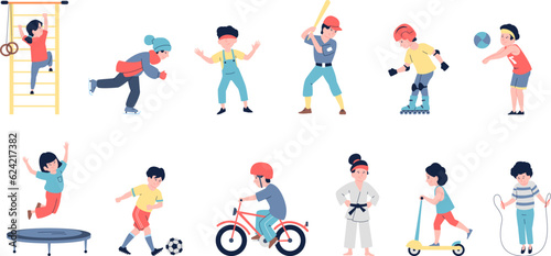 Kids activities, sporting and gaming children. Happy little athletics characters, flat cartoon jumping and running boys and girls, recent vector set
