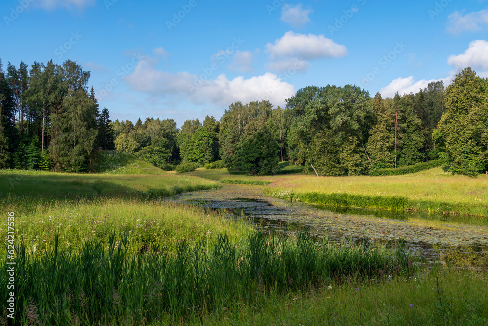 Obraz premium Slavyanka River Valley in the landscape part of the Pavlovsk Palace and Park Complex on a sunny summer day, Pavlovsk, Saint Petersburg, Russia