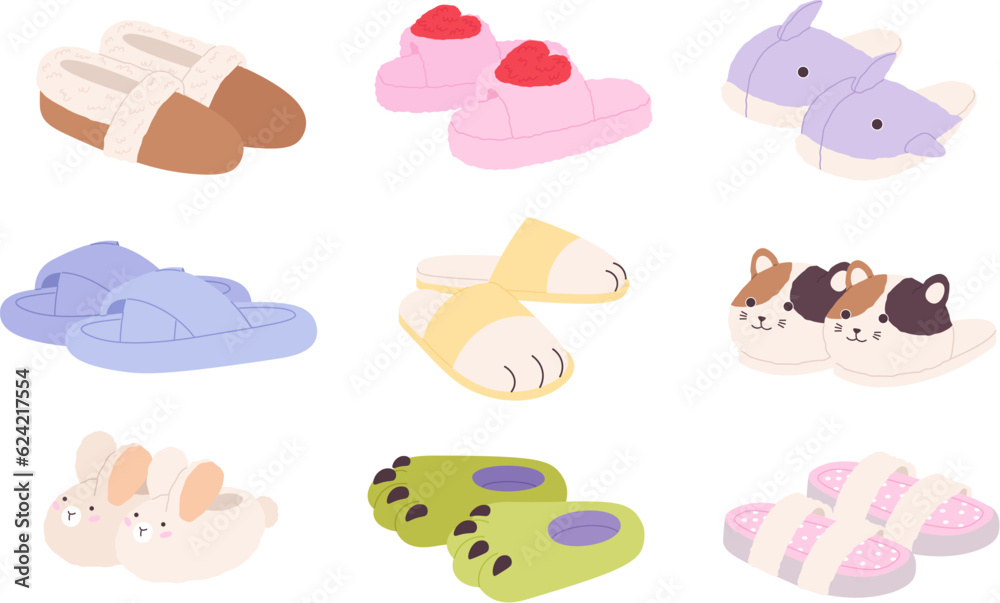 Home cartoon slippers for kids and adults. Fluffy slipper, winter footwear for house. Warm comfortable bedroom footwears racy vector collection