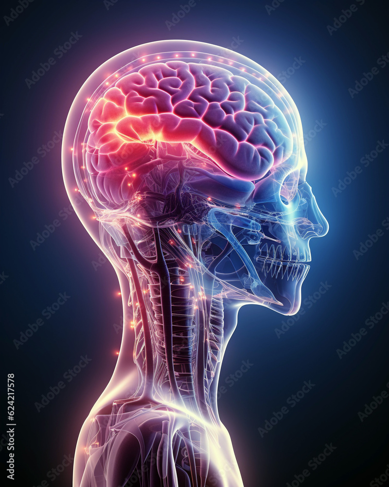 Illustration of human brain in lateral view with highlighted brain Illustration of human brain in lateral view with highlighted brain