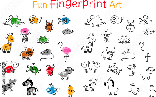 Kids animals fingerprint game. Art nursery educational baby activities, school lesson. Fun child drawing play with print finger, classy vector page