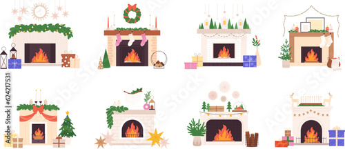 Christmas fireplace chimney. Xmas fireplaces with socks and elegant holidays decor. Interior cozy home decoration, winter house racy vector elements