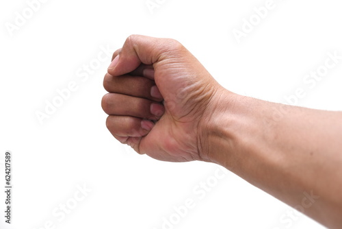 clenched fist of adult man isolated white background photo