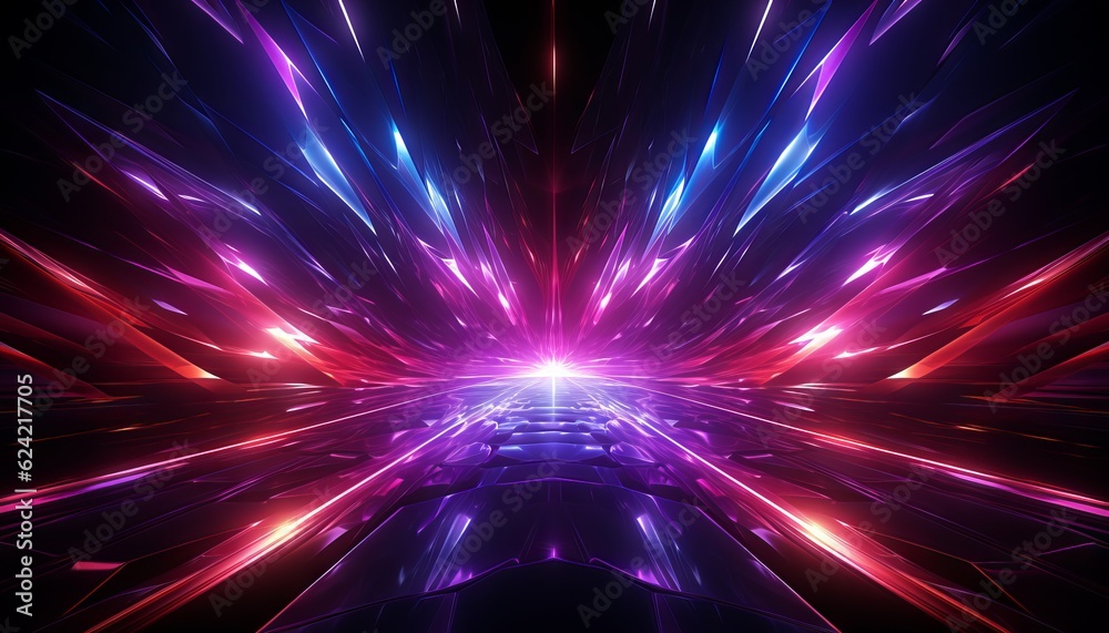Fototapeta premium 3d render, ultraviolet neon star shape portal, glowing lines, tunnel, virtual reality, abstract fashion background, violet neon lights, arch, pink blue spectrum vibrant colors, laser show