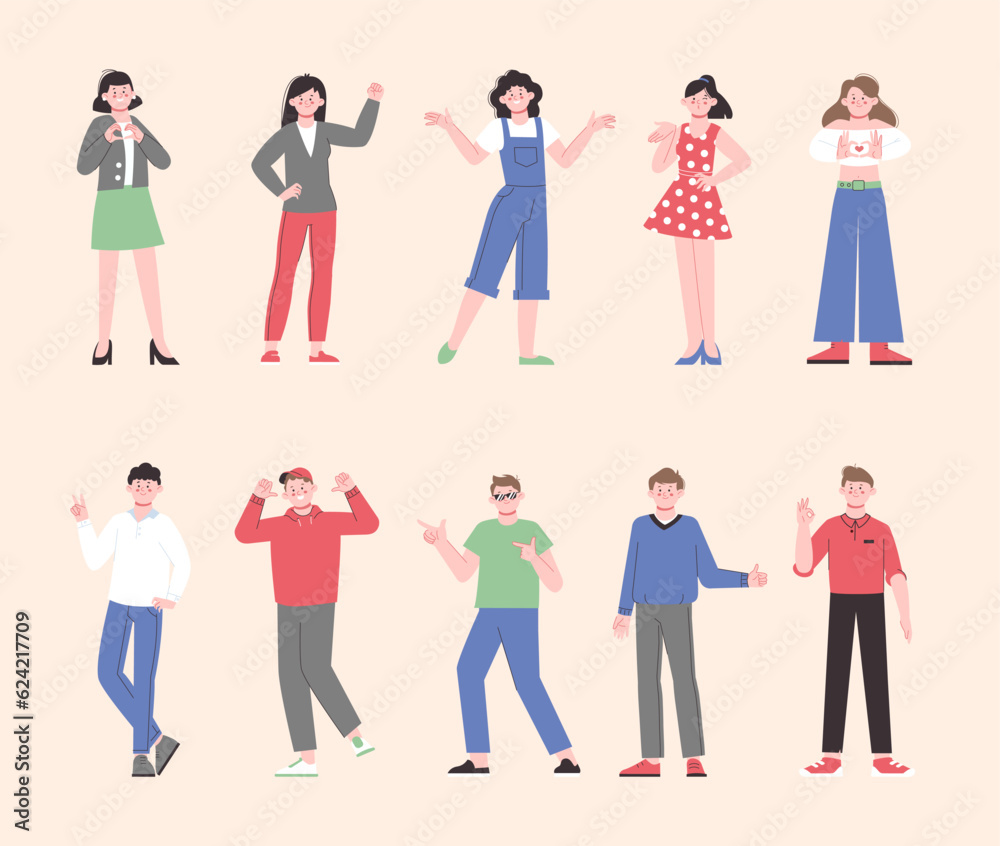Happy positive excited people. Ok gestures, fun carefree person. Emotional cartoon team, modern young women men splendid vector characters Happy positive excited people. Ok gestures, fun carefree person. Emotional cartoon team, modern young women men splendid vector characters