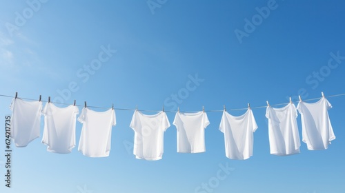 White t-shirts hanging on a clothesline low angle, beautiful blue sky in the bright morning sun.