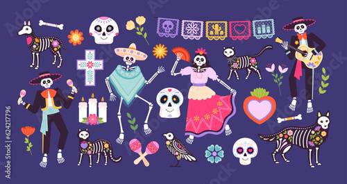 Horror mexican animals skulls, sugar pet skull and skeletons. Mexican fiesta decoration, cartoon celebrating day of dead racy vector symbols