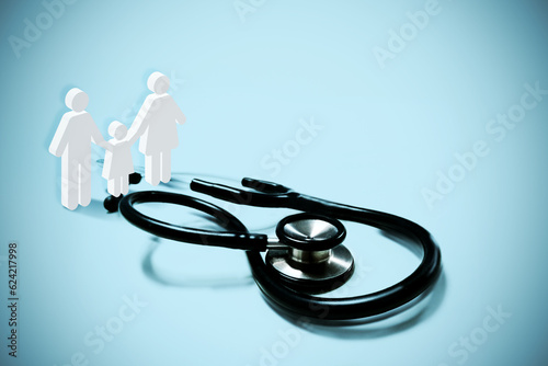 Medical stethoscope and icon family on cyan background. Health care insurance concept.