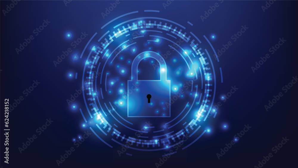 digital padlock with virtual screen on dark background. cyber security technology for fraud prevention and privacy data network protection concept