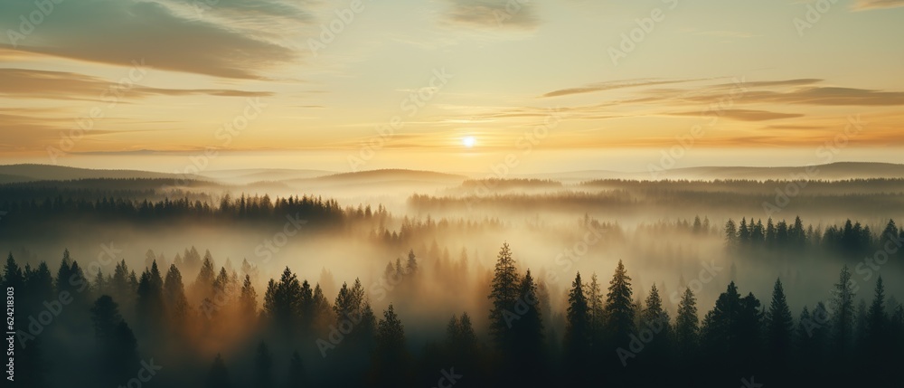 Sunrise over the foggy autumn forest.