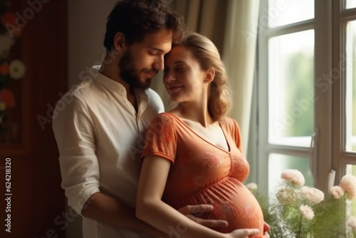 Adult couple expecting a baby while husband caresses the belly of his pregnant beautiful woman. Lovely handsome man touching belly of his girlfriend and feeling baby movement. AI Generative