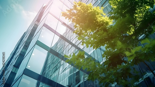 The modern office building has green trees in front. AI generative image. photo