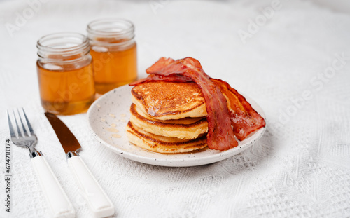 Breakfast Pancakes and Bacon with Honey photo