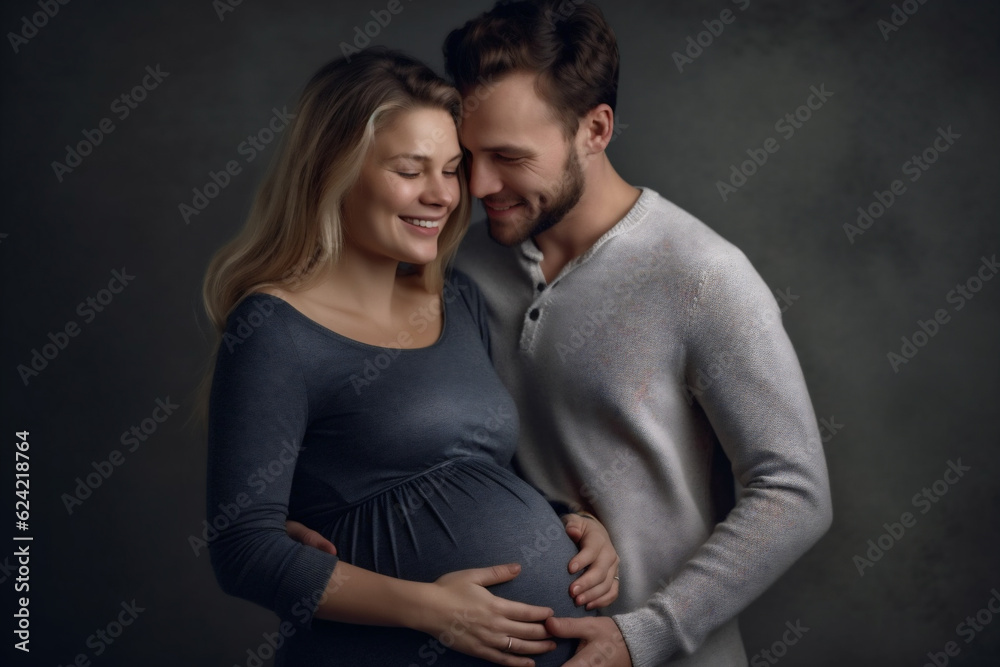 Adult couple expecting a baby while husband caresses the belly of his pregnant beautiful woman. Lovely handsome man touching belly of his girlfriend and feeling baby movement. AI Generative Adult couple expecting a baby while husband caresses the belly of his pregnant beautiful woman. Lovely handsome man touching belly of his girlfriend and feeling baby movement. AI Generative