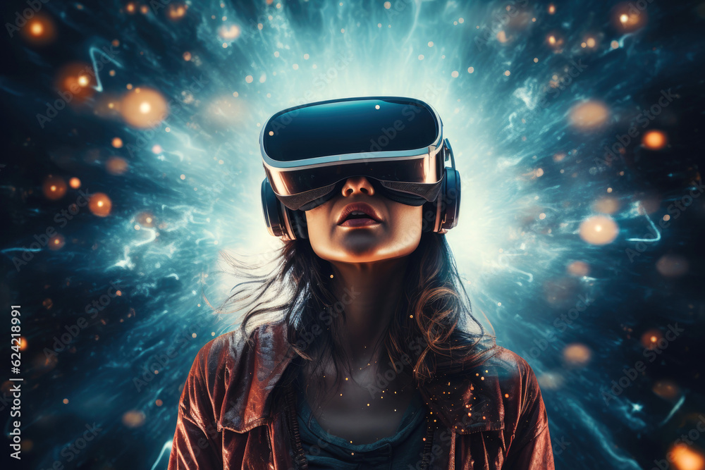Woman wearing virtual reality goggles standing in outer space. Generative AI Woman wearing virtual reality goggles standing in outer space. Generative AI