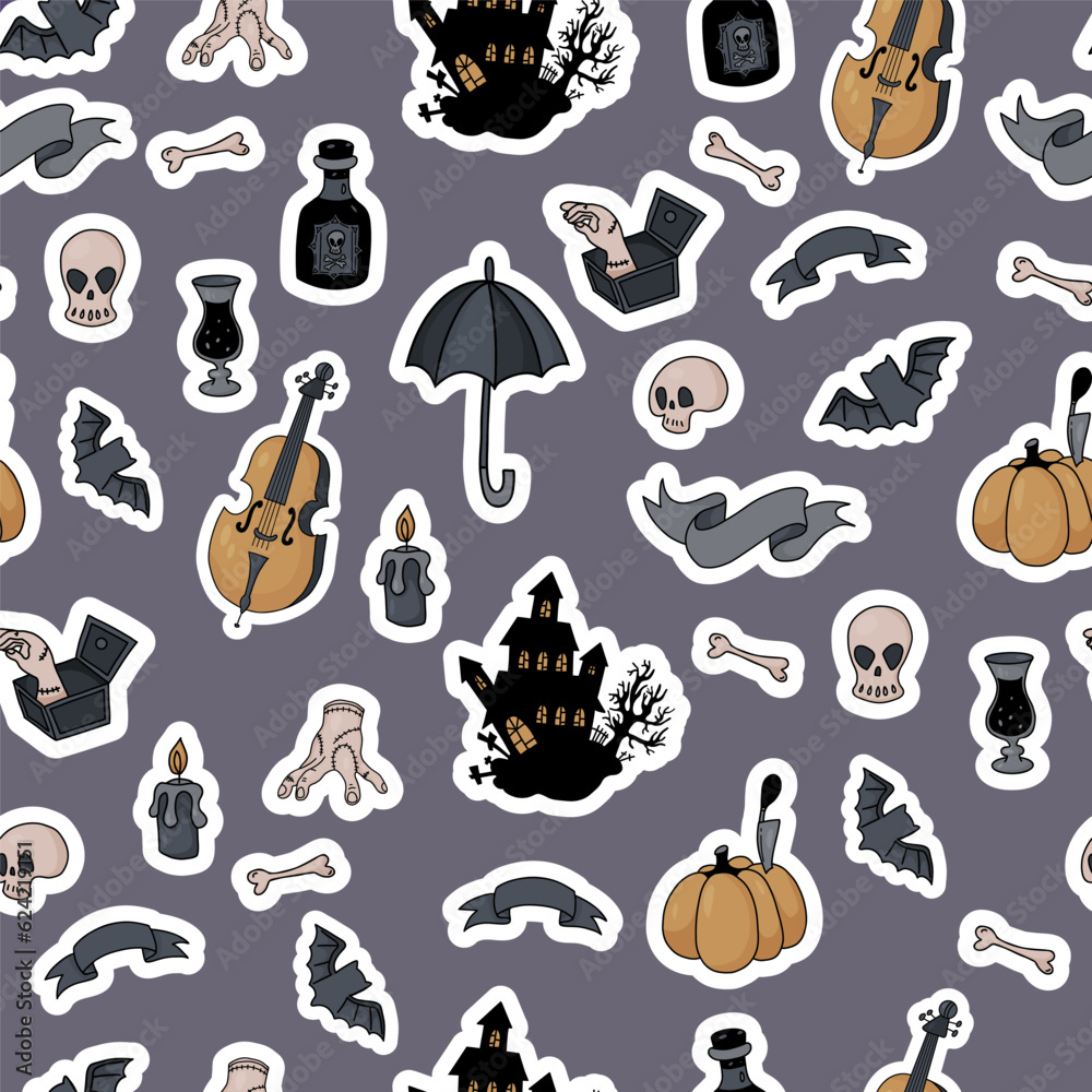 Seamless pattern gothic Halloween. Spooky house, bats, rum, cello, hand thing, pumpkin and skulls with bones on gray background. Vector illustration in sticker style for festive design