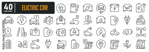 Electric car simple minimal thin line icons. Related charging station, battery, ecology, vehicle. Editable stroke. Vector illustration. 