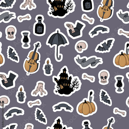 Seamless pattern gothic Halloween. Spooky house, bats, rum, cello, hand thing, pumpkin and skulls with bones on gray background. Vector illustration in sticker style for festive design