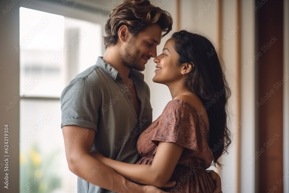 Adult couple expecting a baby while husband caresses the belly of his pregnant beautiful woman. Lovely handsome man touching belly of his girlfriend and feeling baby movement. AI Generative