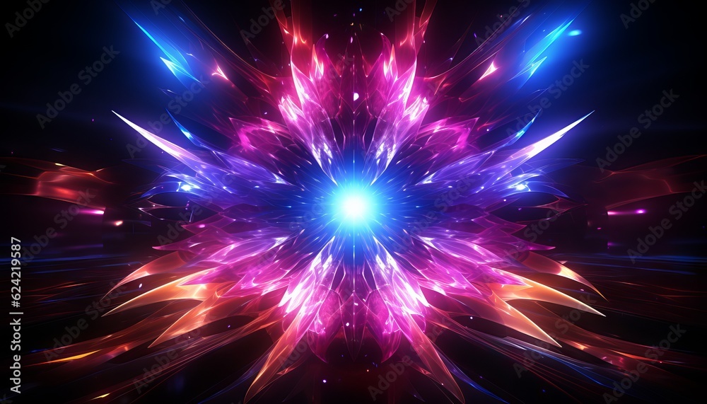 Fototapeta premium 3d render, ultraviolet neon star shape portal, glowing lines, tunnel, virtual reality, abstract fashion background, violet neon lights, arch, pink blue spectrum vibrant colors, laser show