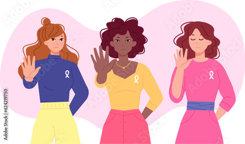 Gender violence. Elimination racial bias against women international day concept, united girls with stop gesture woman riot demonstration feminism manifestation vector illustration