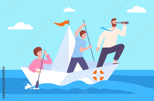 Sailing team. Leadership concept, leader on paper boat lead colleagues to success future direction, business company people at ship corporate mission, splendid vector illustration