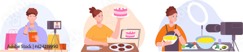 Food blogger. Culinary bloggers or foodie youtuber recording online cooking learning workshop on video camera for cook bakery nutrition blog content, splendid vector illustration